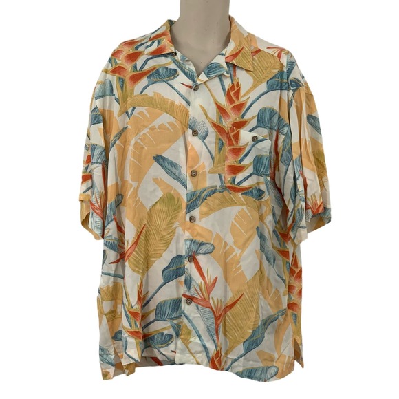 Joe Marlin SS Button Down Rayon Hawaiian Shirt Yellow Orange Blue Floral XL FLAW - Picture 1 of 9